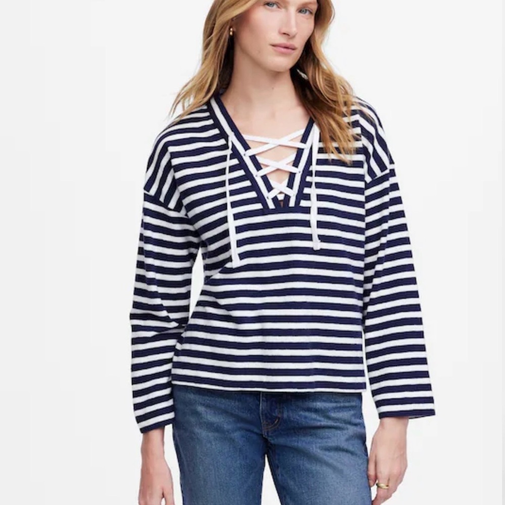 NWT Madewell Navy + White Striped Lace-Up Pullover Top